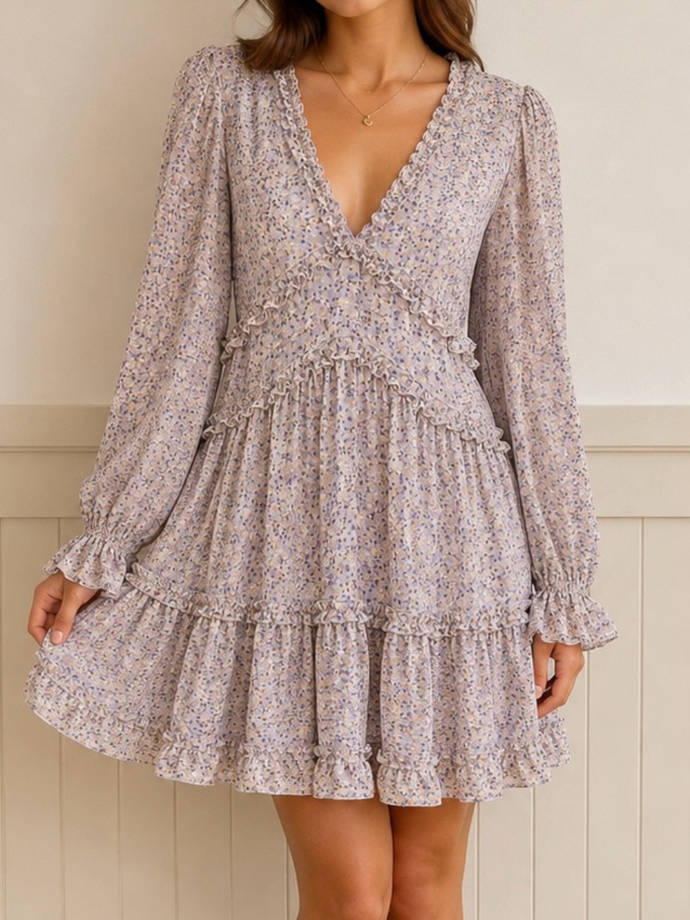 She + Sky Lavender Floral Ruffle Tiered Dress - Picture 1 of 4